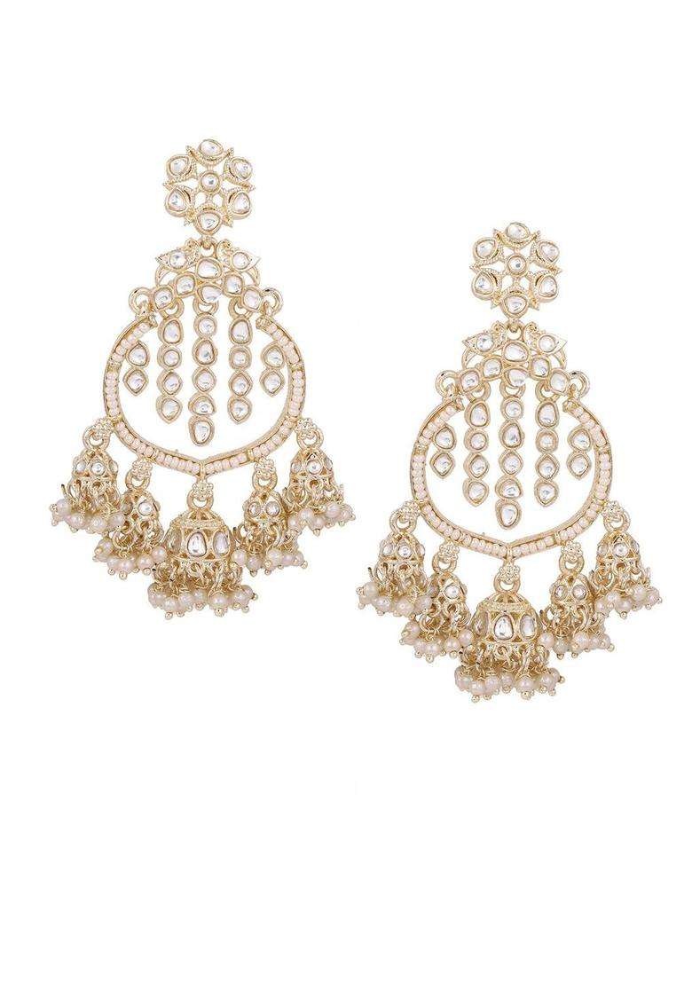 Gold-Plated Kundan Stone Studded & Pearls Beaded Contemporary Chandbalis for Women | Traditional Ethnic Jewellery for Wedding & Festive Wear | Gift for Her - Indya