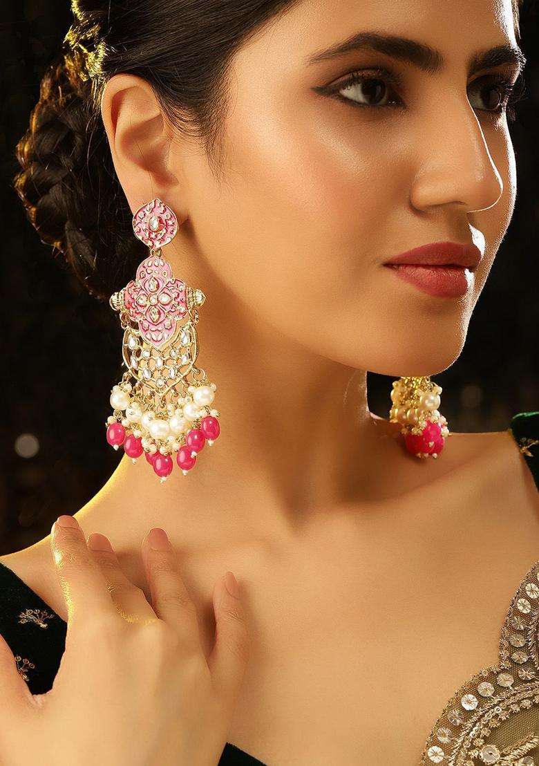 Gold-Plated American Diamond Kundan Pearl Contemporary Meenakari Drop Earrings for Women | Fusion Party & Festive Wear | Gift for Her - Indya
