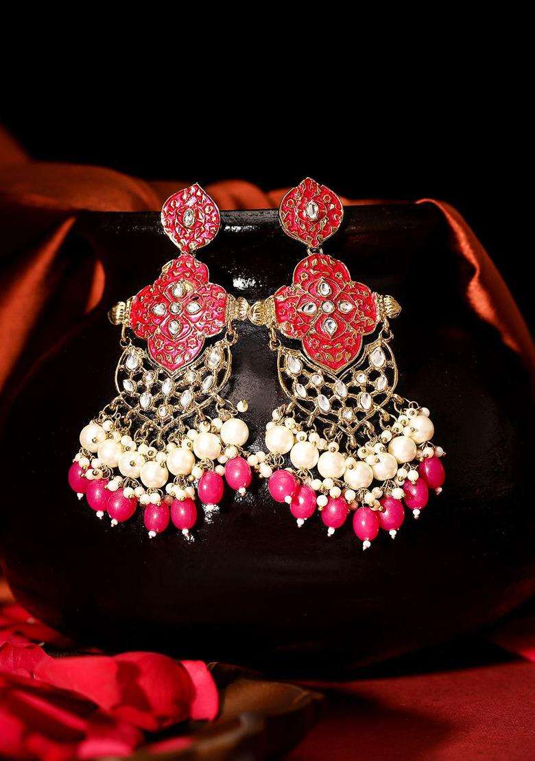 Gold-Plated American Diamond Kundan Pearl Contemporary Meenakari Drop Earrings for Women | Fusion Party & Festive Wear | Gift for Her - Indya