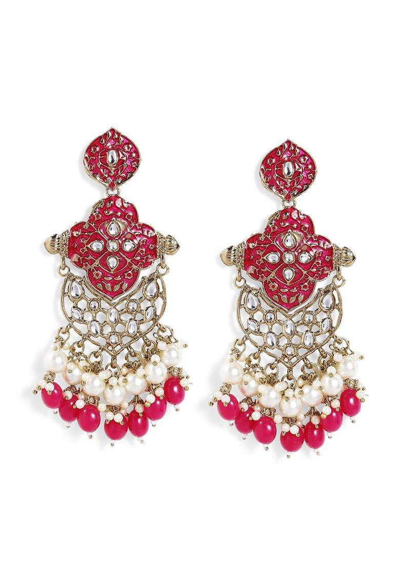 Gold-Plated American Diamond Kundan Pearl Contemporary Meenakari Drop Earrings for Women | Fusion Party & Festive Wear | Gift for Her - Indya