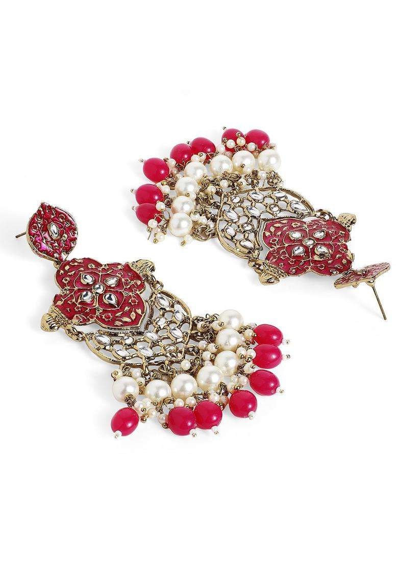 Gold-Plated American Diamond Kundan Pearl Contemporary Meenakari Drop Earrings for Women | Fusion Party & Festive Wear | Gift for Her - Indya
