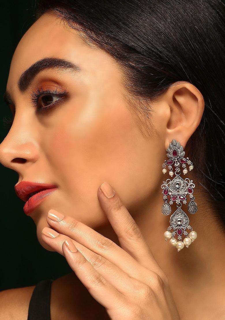 Pink Silver-Plated Stone Studded Oxidised Contemporary Drop Earrings for Women | Traditional Ethnic Jewellery for Wedding & Festive Wear | Gift for Her - Indya