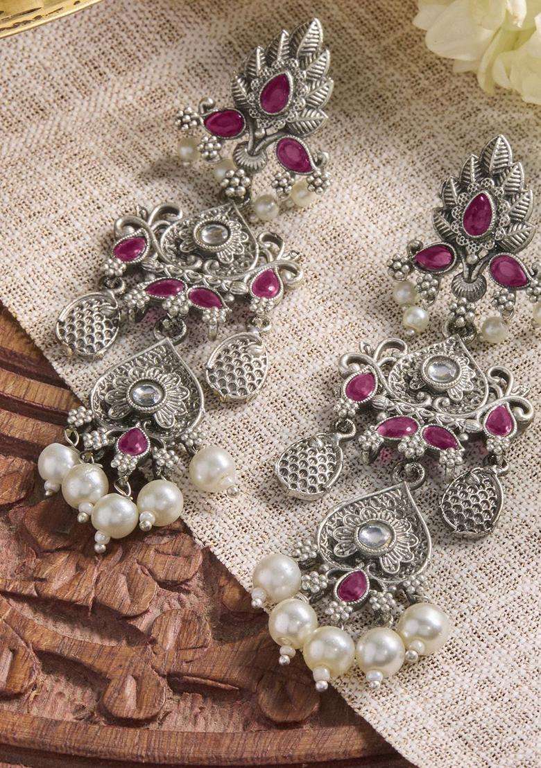 Pink Silver-Plated Stone Studded Oxidised Contemporary Drop Earrings for Women | Traditional Ethnic Jewellery for Wedding & Festive Wear | Gift for Her - Indya