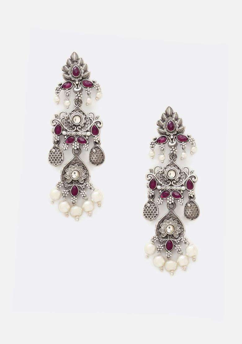 Pink Silver-Plated Stone Studded Oxidised Contemporary Drop Earrings for Women | Traditional Ethnic Jewellery for Wedding & Festive Wear | Gift for Her - Indya