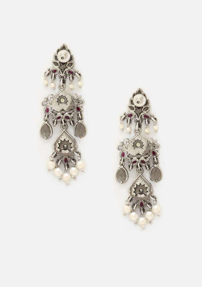 Pink Silver-Plated Stone Studded Oxidised Contemporary Drop Earrings for Women | Traditional Ethnic Jewellery for Wedding & Festive Wear | Gift for Her - Indya