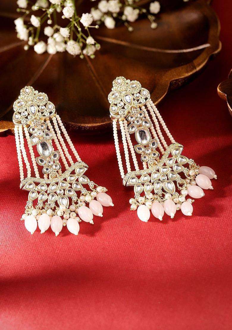 Pink Gold-Plated Contemporary Kundan Drop Earrings for Women | Traditional Ethnic Jewellery for Wedding & Festive Wear | Gift for Her - Indya