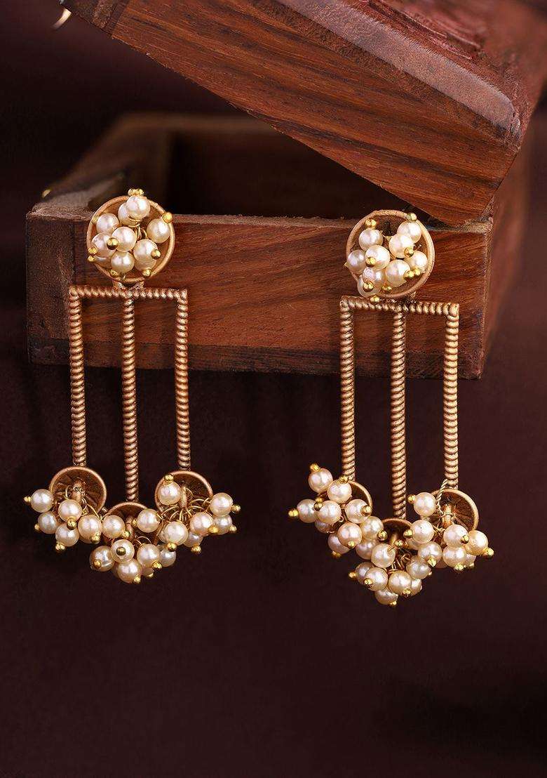 Gold-Plated Beads Beaded Contemporary Drop Pearl Earrings for Women | Traditional Ethnic Jewellery for Wedding & Festive Wear | Gift for Her - Indya
