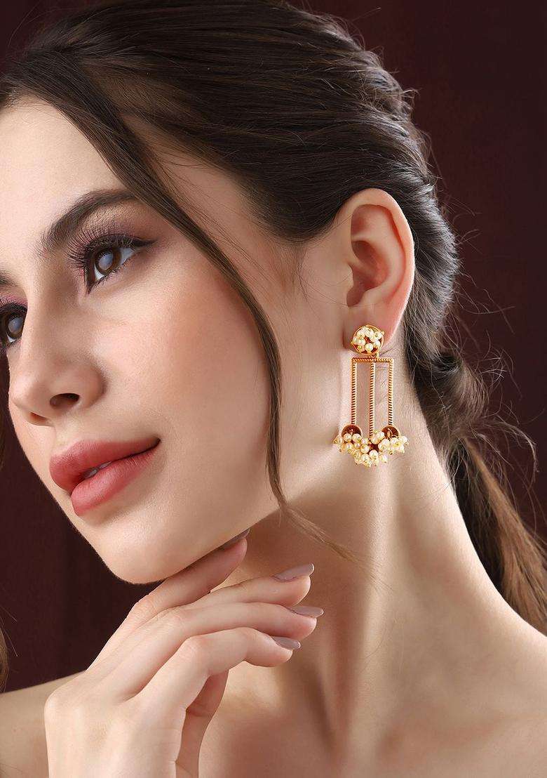Gold-Plated Beads Beaded Contemporary Drop Pearl Earrings for Women | Traditional Ethnic Jewellery for Wedding & Festive Wear | Gift for Her - Indya