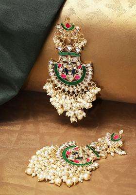 Green Gold-Plated Handcrafted Kundan-Studded Classic Drop Earrings for Women | Fusion Party & Festive Wear | Gift for Her