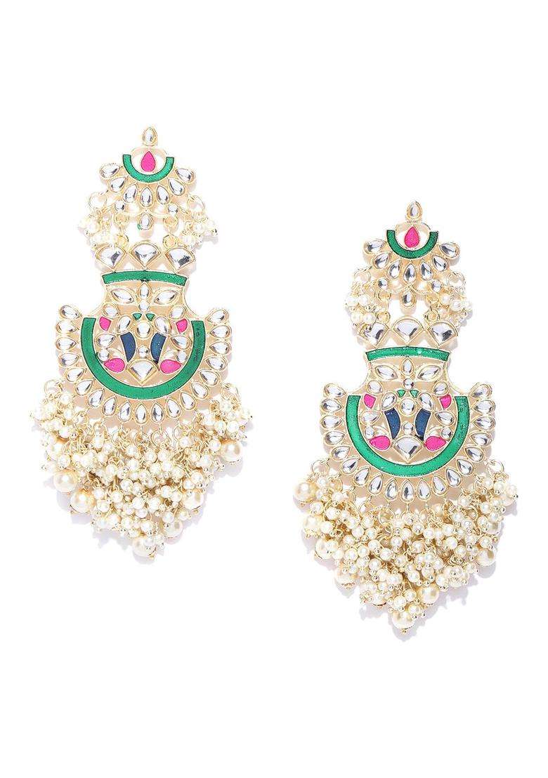 Green Gold-Plated Handcrafted Kundan-Studded Classic Drop Earrings for Women | Fusion Party & Festive Wear | Gift for Her - Indya