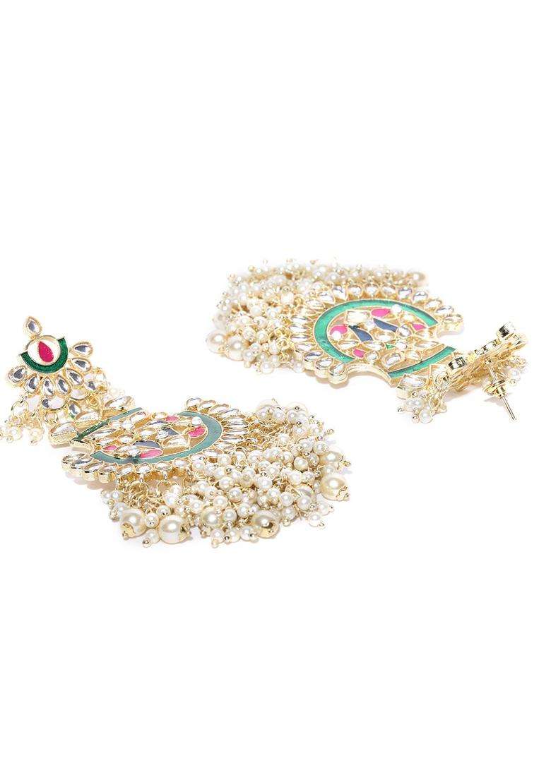 Green Gold-Plated Handcrafted Kundan-Studded Classic Drop Earrings for Women | Fusion Party & Festive Wear | Gift for Her - Indya