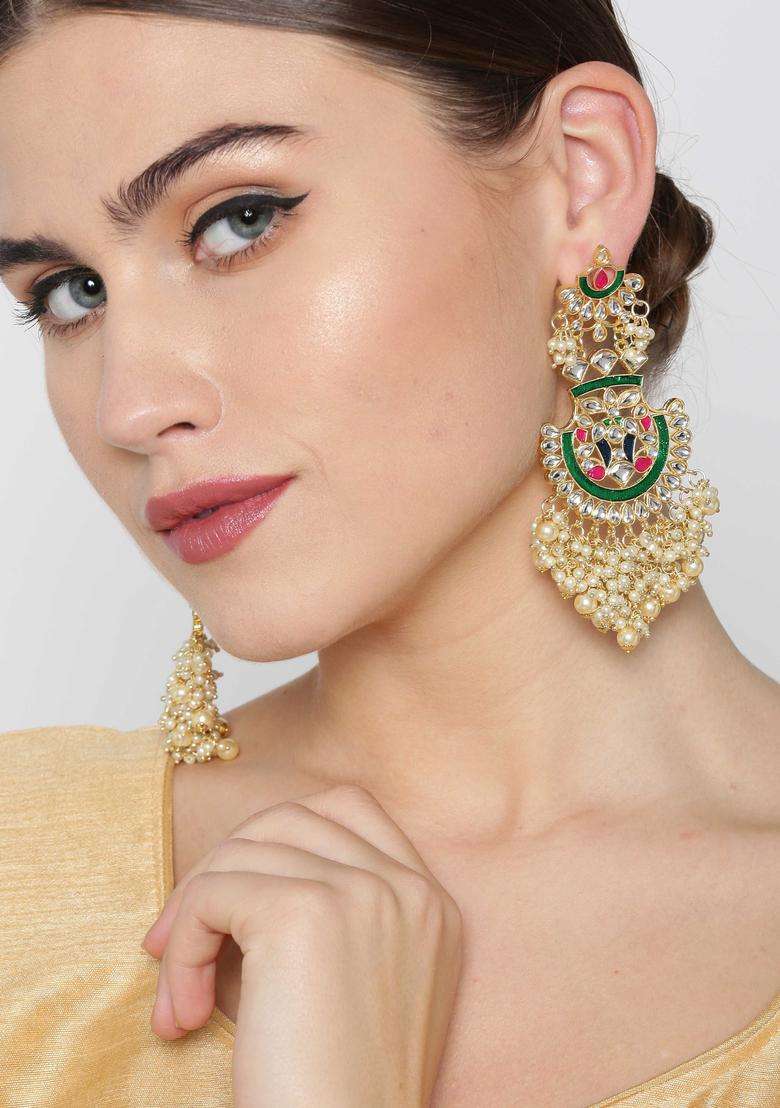 Green Gold-Plated Handcrafted Kundan-Studded Classic Drop Earrings for Women | Fusion Party & Festive Wear | Gift for Her - Indya
