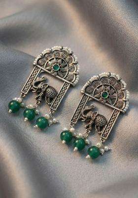 Silver-Plated Stones Studded & Pearls Beaded Elephant Oxidised Drop Earrings for Women | Traditional Ethnic Jewellery for Wedding & Festive Wear | Gift for Her