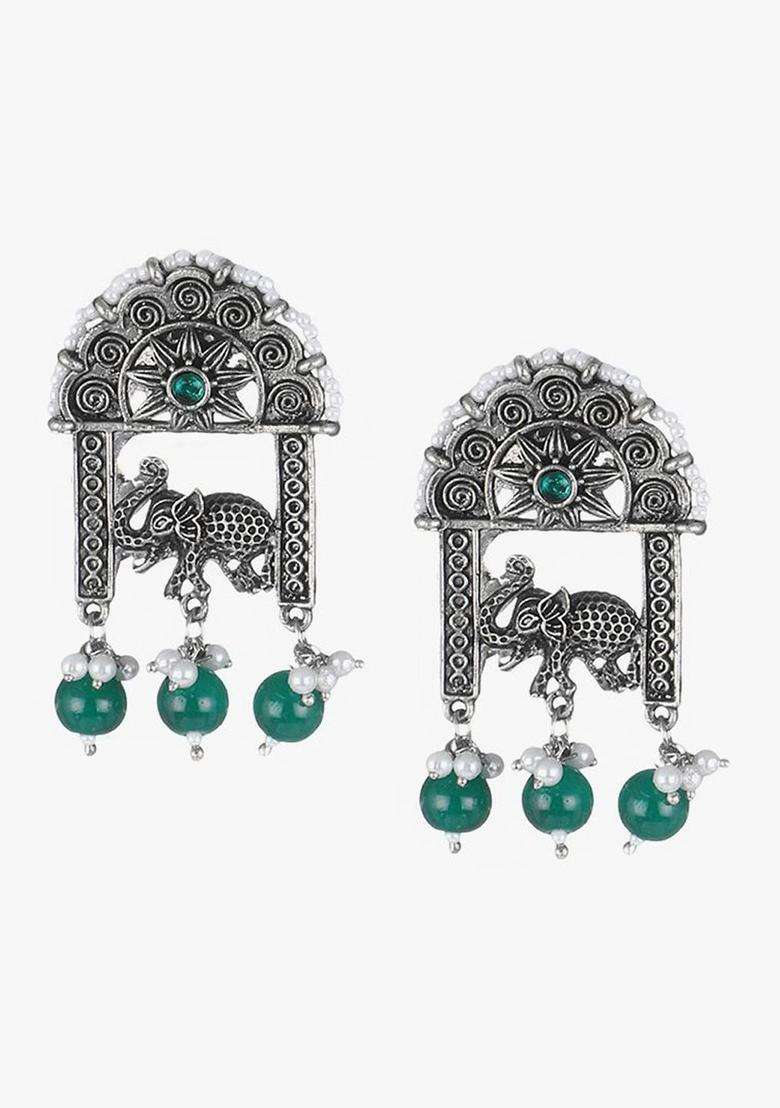 Silver-Plated Stones Studded & Pearls Beaded Elephant Oxidised Drop Earrings for Women | Traditional Ethnic Jewellery for Wedding & Festive Wear | Gift for Her - Indya