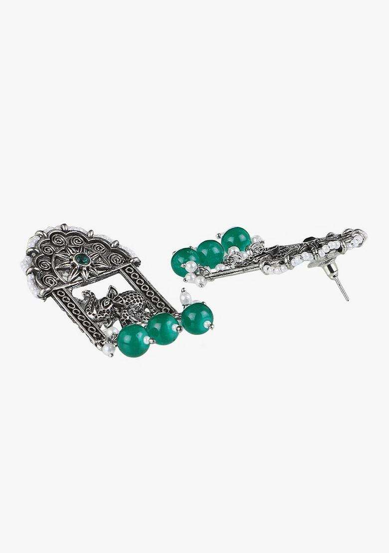 Silver-Plated Stones Studded & Pearls Beaded Elephant Oxidised Drop Earrings for Women | Traditional Ethnic Jewellery for Wedding & Festive Wear | Gift for Her - Indya