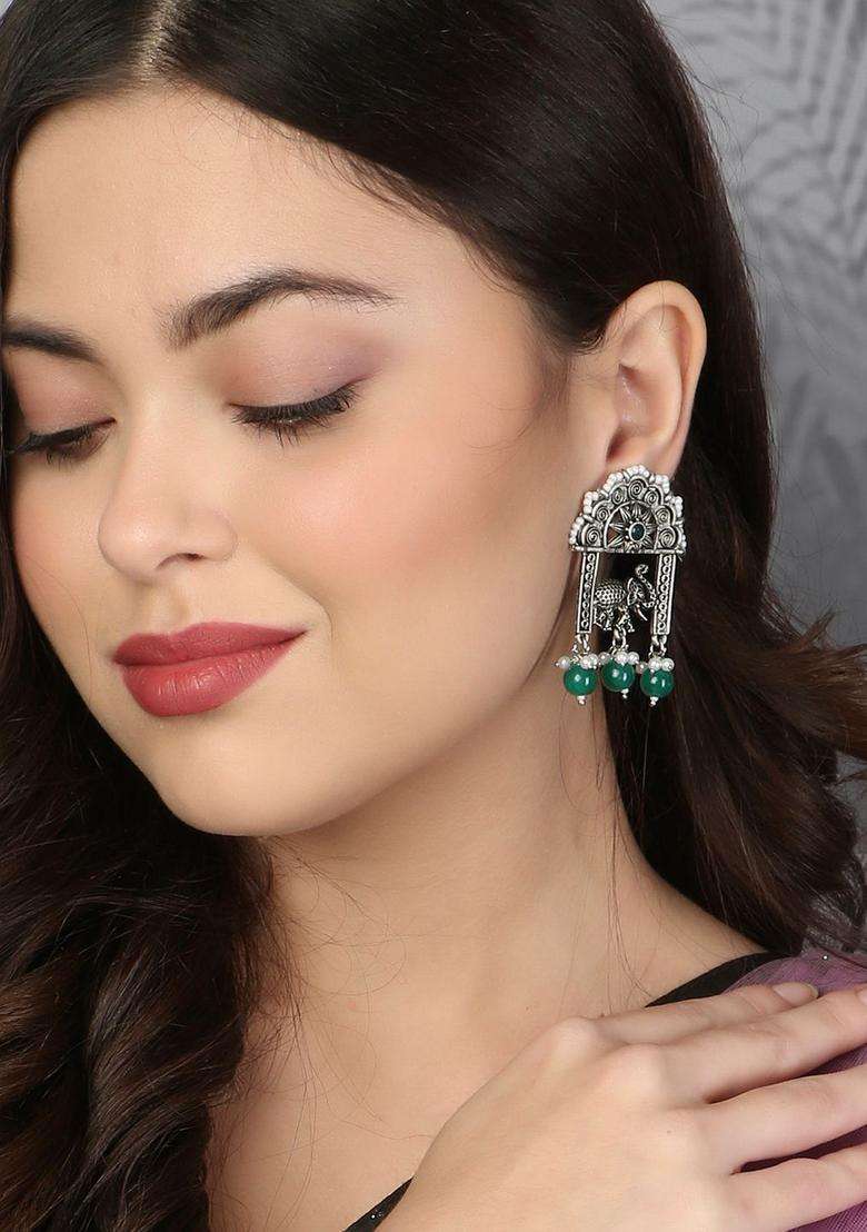 Silver-Plated Stones Studded & Pearls Beaded Elephant Oxidised Drop Earrings for Women | Traditional Ethnic Jewellery for Wedding & Festive Wear | Gift for Her - Indya