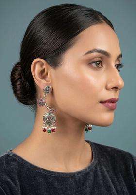 Green Silver-Plated Artificial Stones Studded and Beaded Oxidised Drop Earrings for Women | Traditional Ethnic Jewellery for Wedding & Festive Wear | Gift for Her