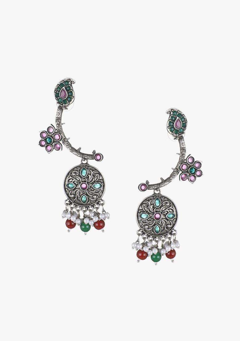 Green Silver-Plated Artificial Stones Studded and Beaded Oxidised Drop Earrings for Women | Traditional Ethnic Jewellery for Wedding & Festive Wear | Gift for Her - Indya