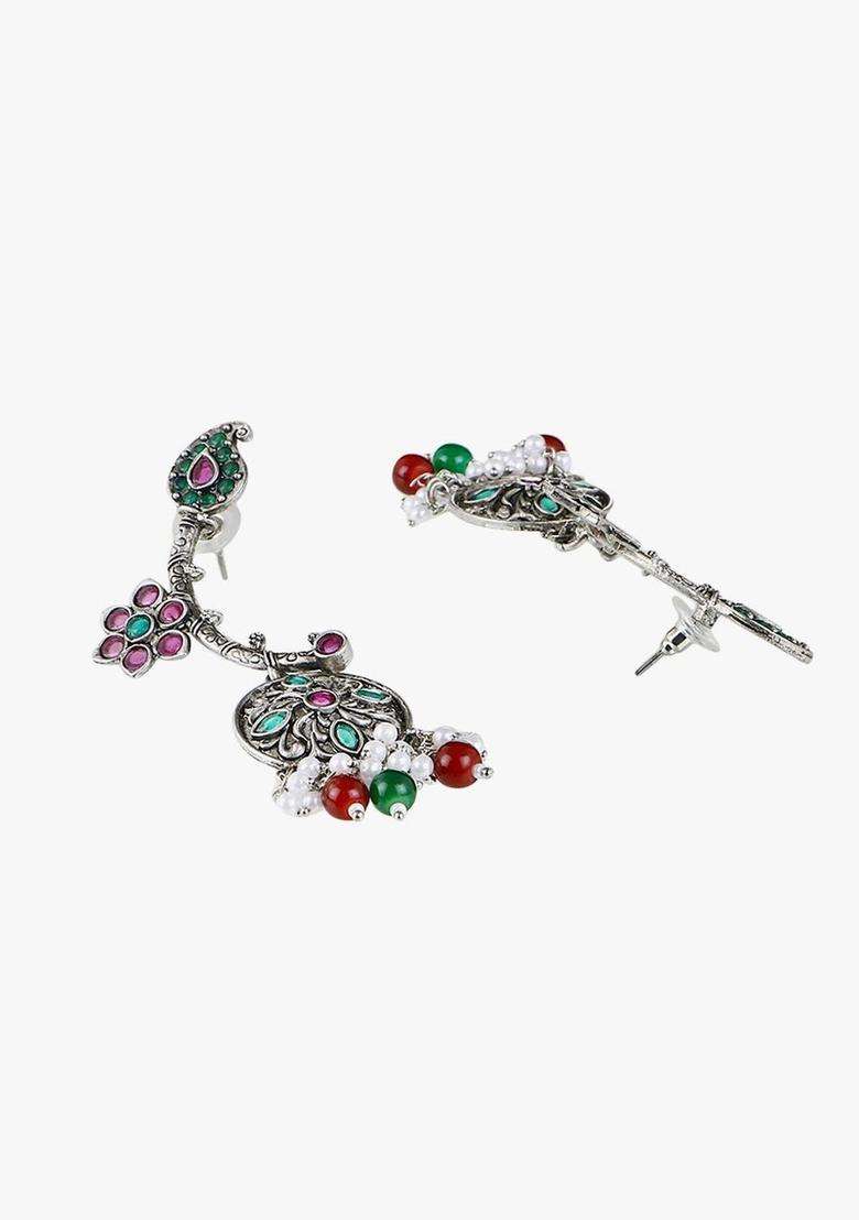 Green Silver-Plated Artificial Stones Studded and Beaded Oxidised Drop Earrings for Women | Traditional Ethnic Jewellery for Wedding & Festive Wear | Gift for Her - Indya
