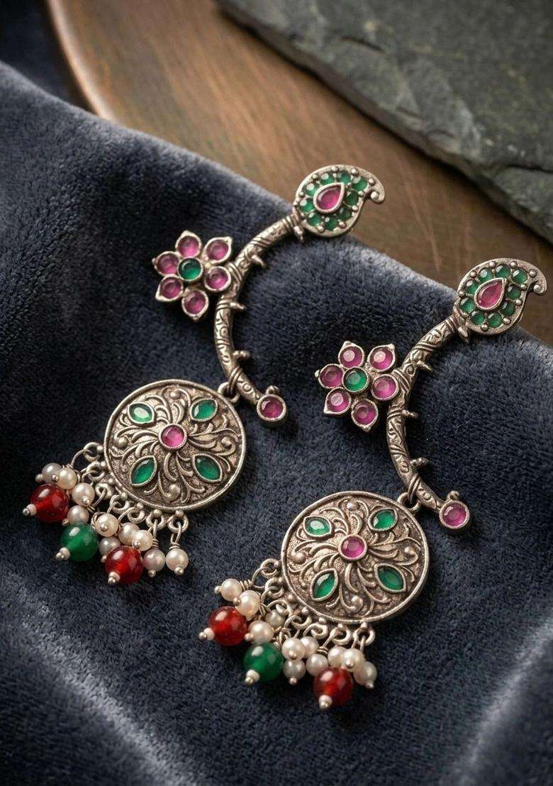 Green Silver-Plated Artificial Stones Studded and Beaded Oxidised Drop Earrings for Women | Traditional Ethnic Jewellery for Wedding & Festive Wear | Gift for Her - Indya