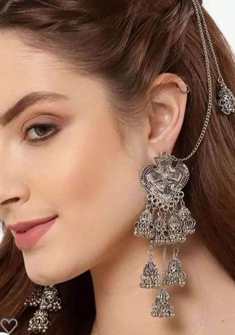 Silver-Plated Artificial Beads Beaded Heart Shaped Oxidised Drop Earrings for Women | Fusion Party & Festive Wear | Gift for Her - Indya
