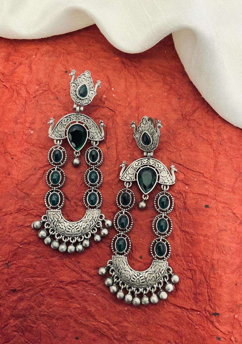 White Silver-Plated Stone Studded Dual Tone Drop Earrings for Women | Fusion Party & Festive Wear | Gift for Her - Indya