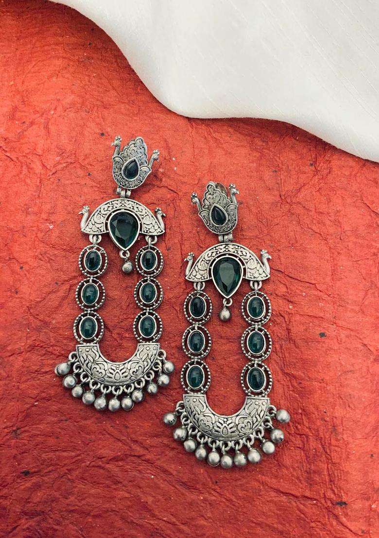 White Silver-Plated Stone Studded Dual Tone Drop Earrings for Women | Fusion Party & Festive Wear | Gift for Her - Indya