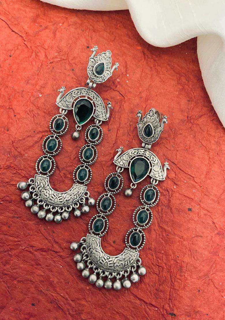 White Silver-Plated Stone Studded Dual Tone Drop Earrings for Women | Fusion Party & Festive Wear | Gift for Her - Indya