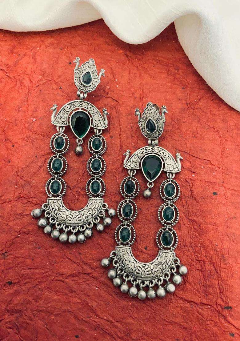 White Silver-Plated Stone Studded Dual Tone Drop Earrings for Women | Fusion Party & Festive Wear | Gift for Her - Indya