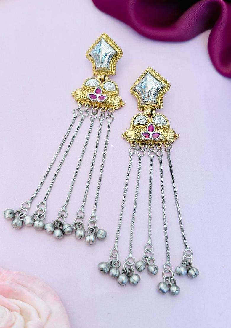 Silver-Plated Stones Studded Classic Drop Earrings for Women | Traditional Ethnic Jewellery for Wedding & Festive Wear | Gift for Her - Indya