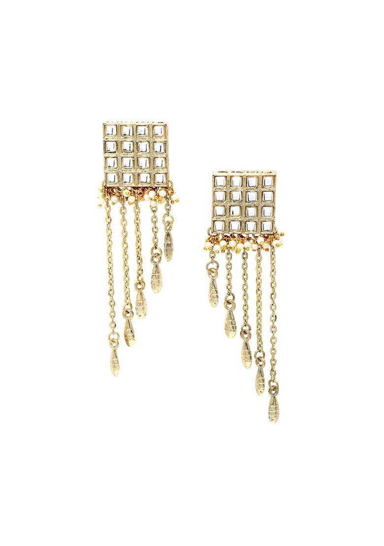 Gold-Plated Kundan Studded & Beaded Tasselled Square Drop Earrings for Women | Traditional Ethnic Jewellery for Wedding & Festive Wear | Gift for Her - Indya