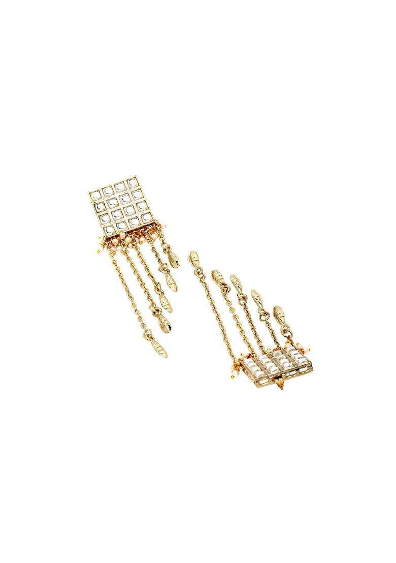 Gold-Plated Kundan Studded & Beaded Tasselled Square Drop Earrings for Women | Traditional Ethnic Jewellery for Wedding & Festive Wear | Gift for Her - Indya