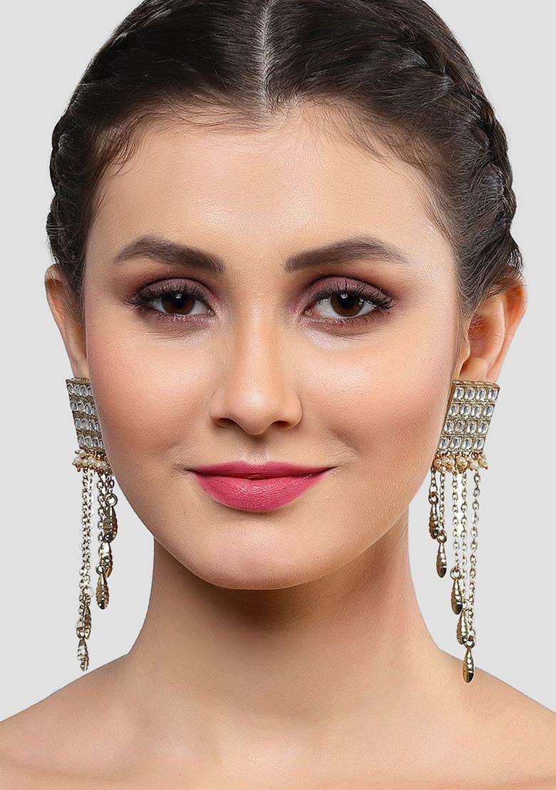 Gold-Plated Kundan Studded & Beaded Tasselled Square Drop Earrings for Women | Traditional Ethnic Jewellery for Wedding & Festive Wear | Gift for Her - Indya