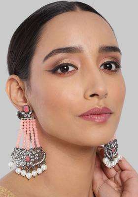 Silver-Plated Artificial Stones Studded & Beaded Contemporary Drop Earrings for Women | Fusion Party & Festive Wear | Gift for Her