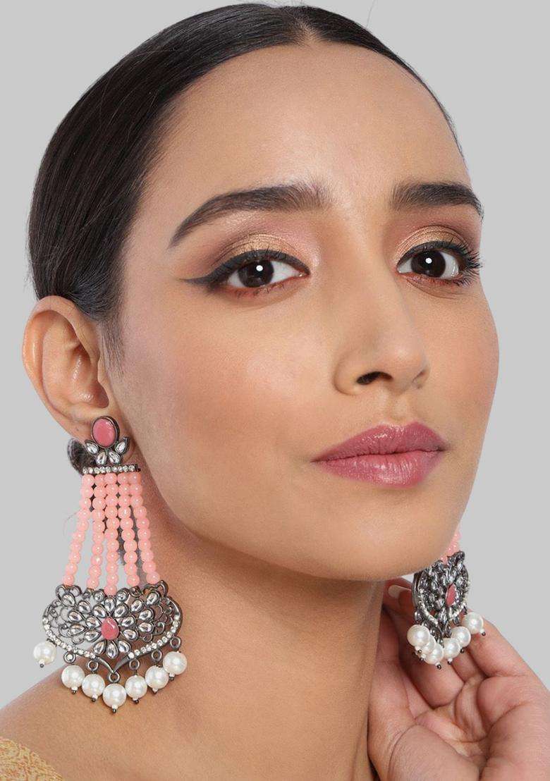 Silver-Plated Artificial Stones Studded & Beaded Contemporary Drop Earrings for Women | Fusion Party & Festive Wear | Gift for Her - Indya