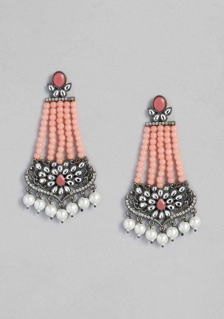 Silver-Plated Artificial Stones Studded & Beaded Contemporary Drop Earrings for Women | Fusion Party & Festive Wear | Gift for Her - Indya