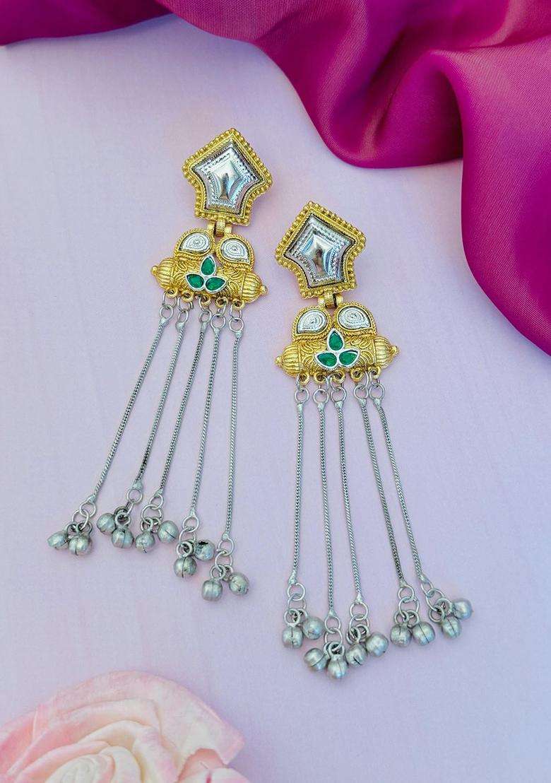 Silver-Plated Stones Studded Classic Drop Earrings for Women | Traditional Ethnic Jewellery for Wedding & Festive Wear | Gift for Her - Indya
