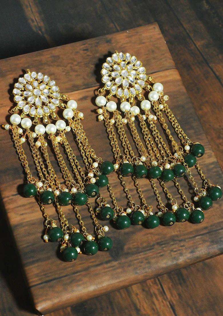 Gold-Plated Kundan Studded & Beaded Tasselled Floral Drop Earrings for Women | Traditional Ethnic Jewellery for Wedding & Festive Wear | Gift for Her - Indya