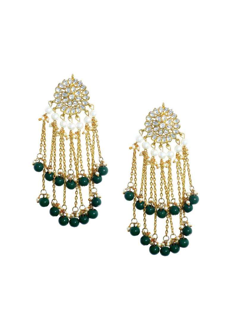 Gold-Plated Kundan Studded & Beaded Tasselled Floral Drop Earrings for Women | Traditional Ethnic Jewellery for Wedding & Festive Wear | Gift for Her - Indya