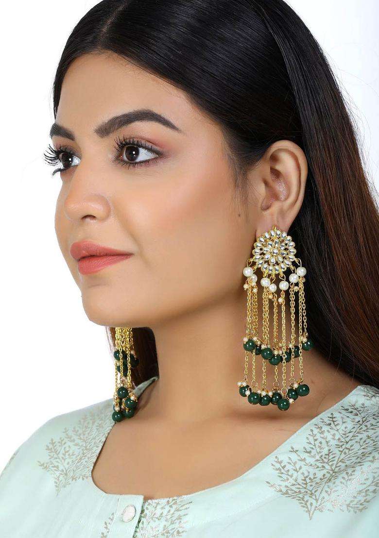 Gold-Plated Kundan Studded & Beaded Tasselled Floral Drop Earrings for Women | Traditional Ethnic Jewellery for Wedding & Festive Wear | Gift for Her - Indya