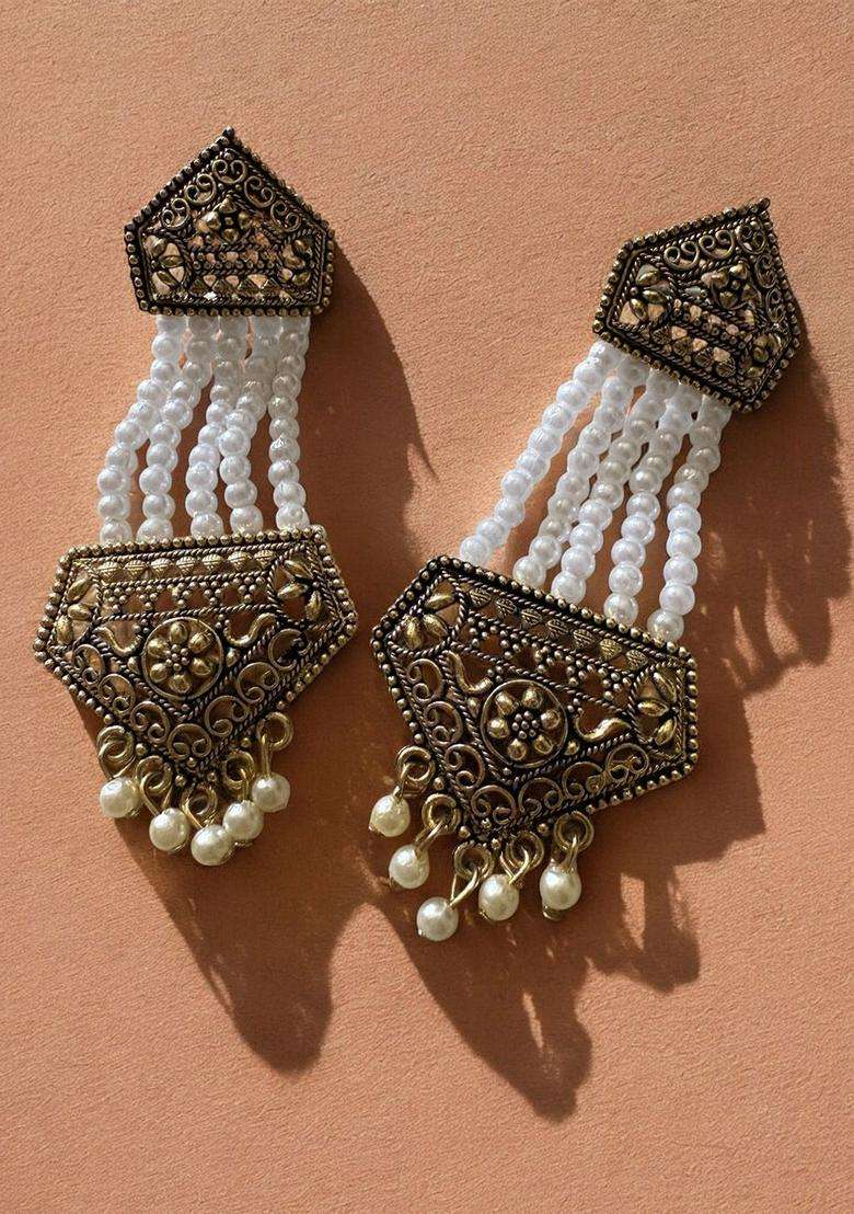 Gold-Plated Pearls Beaded Contemporary Drop Earrings for Women | Traditional Ethnic Jewellery for Wedding & Festive Wear | Gift for Her - Indya