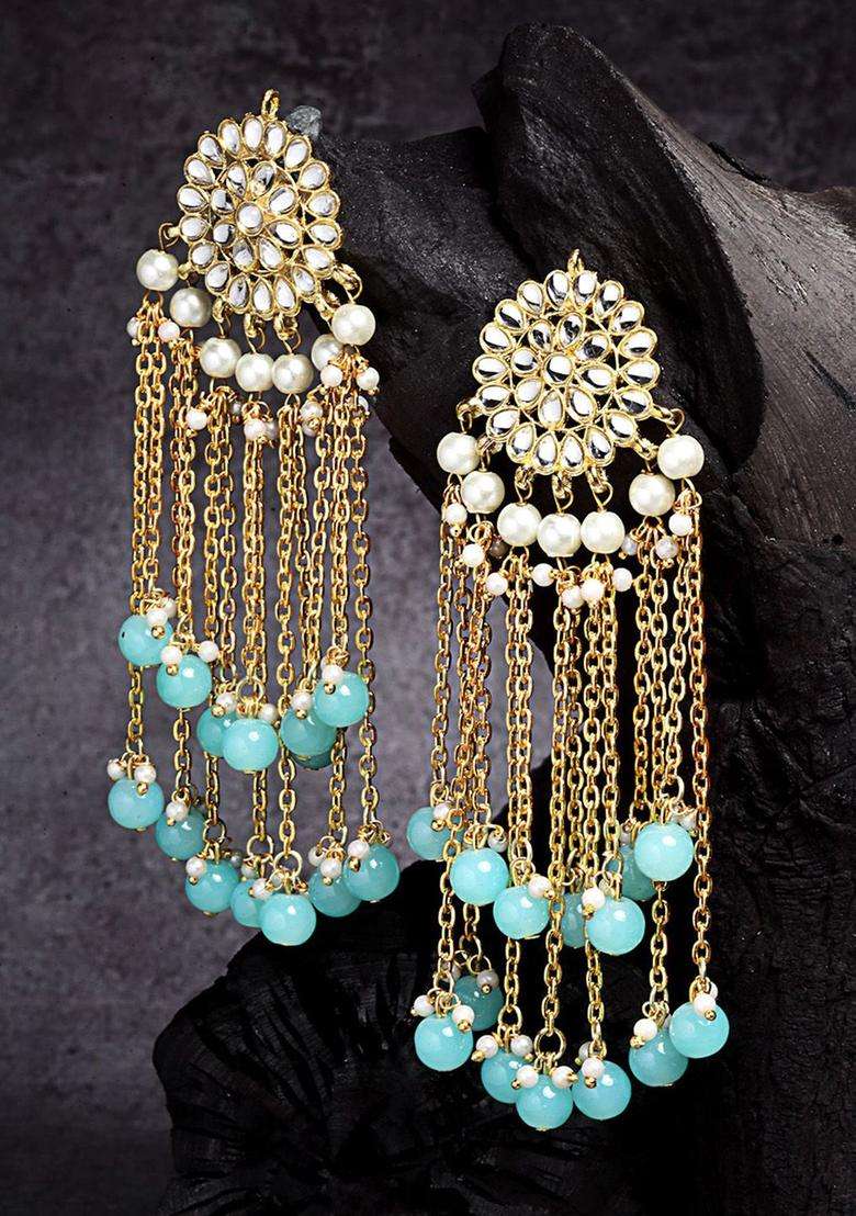 Gold-Plated Kundan Studded & Beaded Contemporary Tasselled Drop Earrings for Women | Traditional Ethnic Jewellery for Wedding & Festive Wear | Gift for Her - Indya
