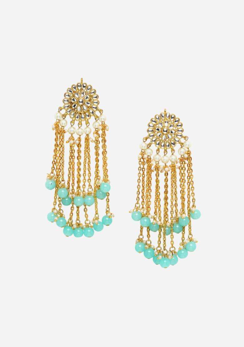 Gold-Plated Kundan Studded & Beaded Contemporary Tasselled Drop Earrings for Women | Traditional Ethnic Jewellery for Wedding & Festive Wear | Gift for Her - Indya