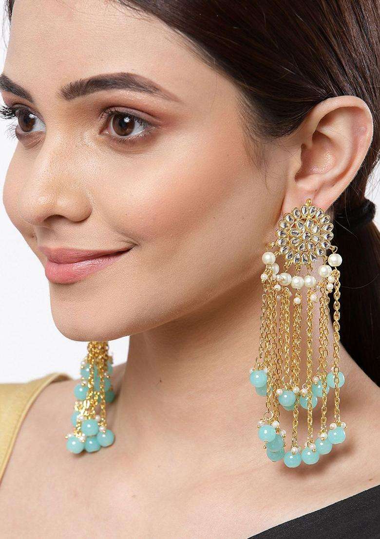 Gold-Plated Kundan Studded & Beaded Contemporary Tasselled Drop Earrings for Women | Traditional Ethnic Jewellery for Wedding & Festive Wear | Gift for Her - Indya