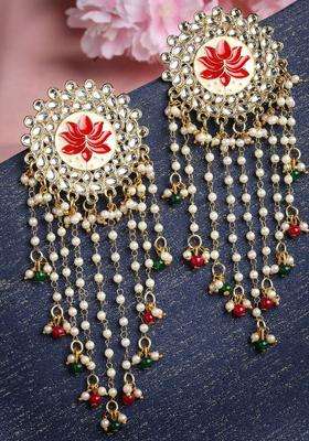 Gold-Plated Kundan Studded & Beaded Tasselled Floral Drop Earrings for Women | Traditional Ethnic Jewellery for Wedding & Festive Wear | Gift for Her