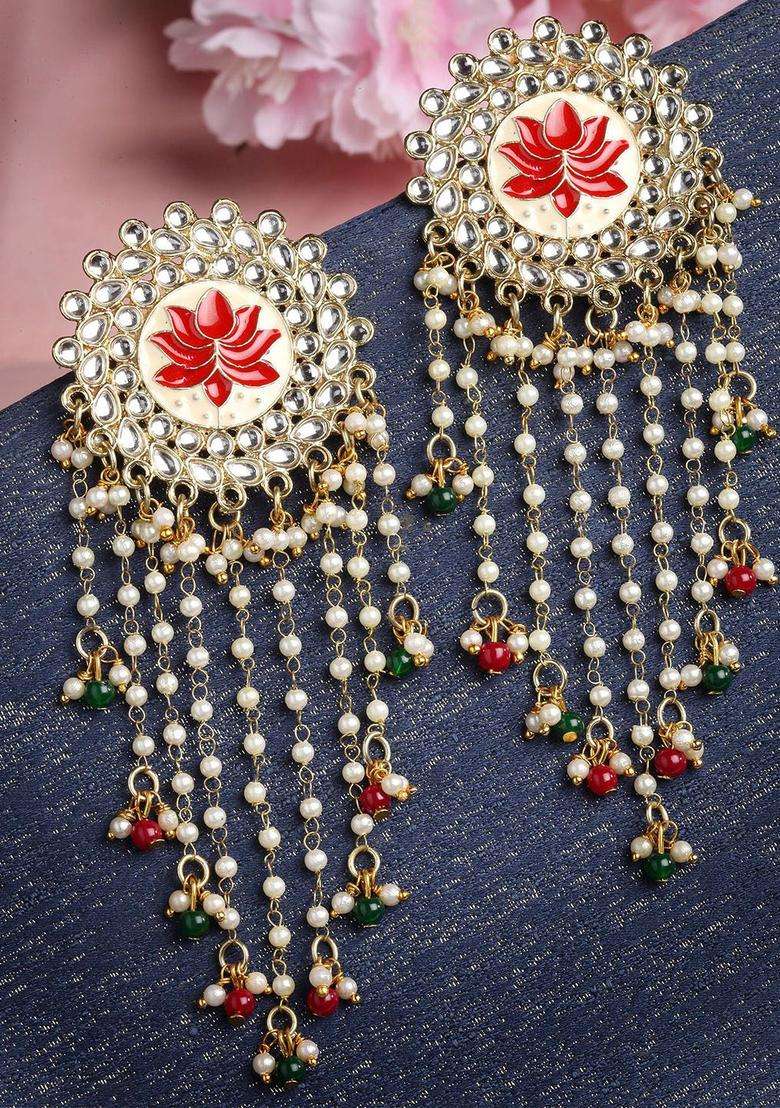 Gold-Plated Kundan Studded & Beaded Tasselled Floral Drop Earrings for Women | Traditional Ethnic Jewellery for Wedding & Festive Wear | Gift for Her - Indya