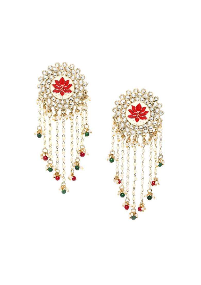 Gold-Plated Kundan Studded & Beaded Tasselled Floral Drop Earrings for Women | Traditional Ethnic Jewellery for Wedding & Festive Wear | Gift for Her - Indya