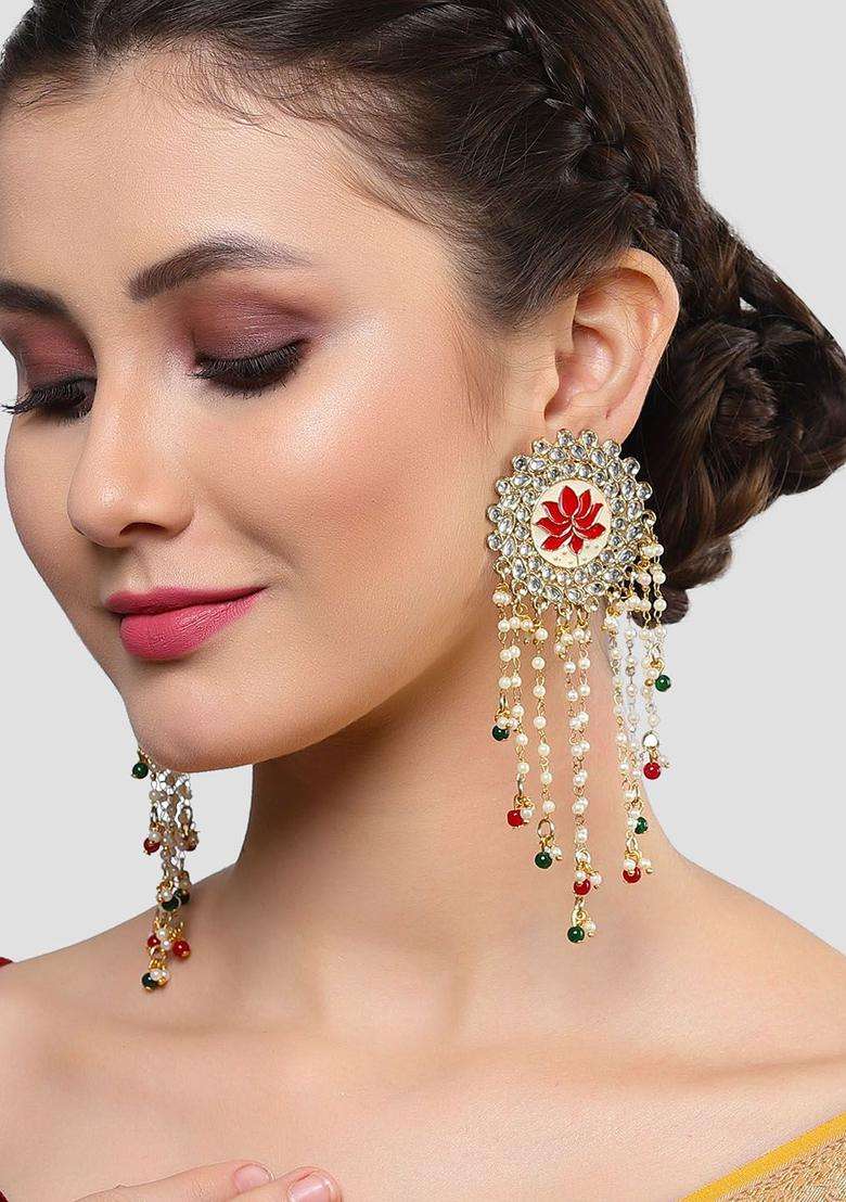 Gold-Plated Kundan Studded & Beaded Tasselled Floral Drop Earrings for Women | Traditional Ethnic Jewellery for Wedding & Festive Wear | Gift for Her - Indya