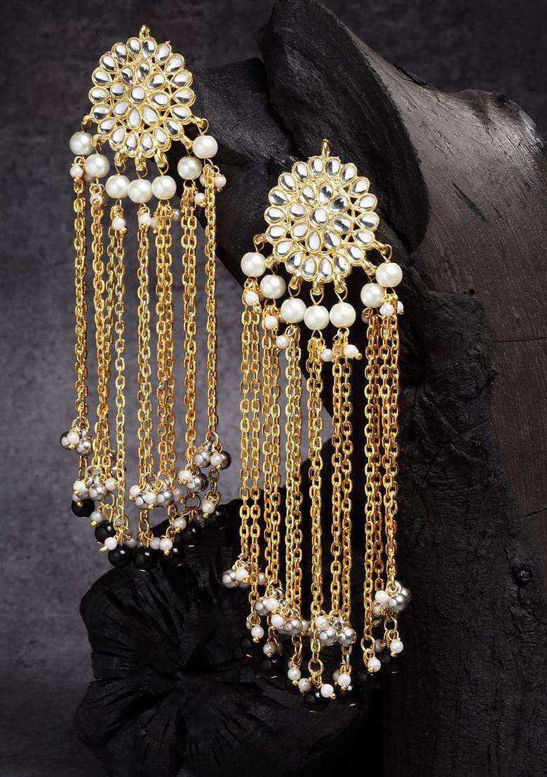 Gold-Plated Kundan Studded & Beaded Tasselled Contemporary Drop Earrings for Women | Traditional Ethnic Jewellery for Wedding & Festive Wear | Gift for Her - Indya