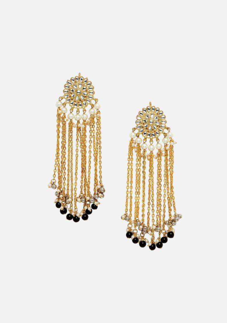 Gold-Plated Kundan Studded & Beaded Tasselled Contemporary Drop Earrings for Women | Traditional Ethnic Jewellery for Wedding & Festive Wear | Gift for Her - Indya